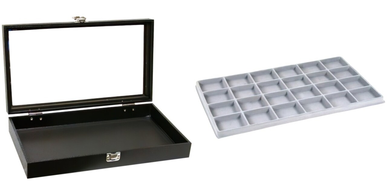 Black Glass-top Jewelry Case (Single metal latch) w/ Gray 24-slot Plastic Tray